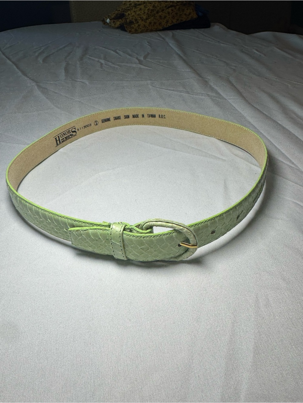 NAK Light Green Snakeskin-Textured Leather Belt with Gold Buckle